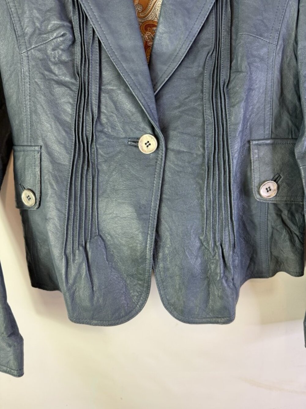 Vintage 90s Grunge Leather Pleated Single Button Blazer Jacket Blue - Picture 3 of 9